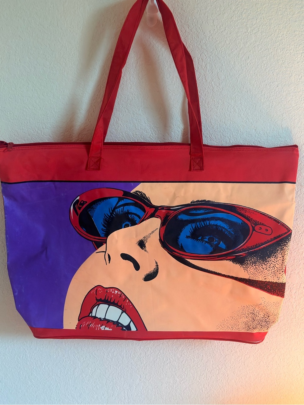 Pop Art Face Tote Bag Red Sunglasses Large Vinyl Beach Shopper Zip Pouch